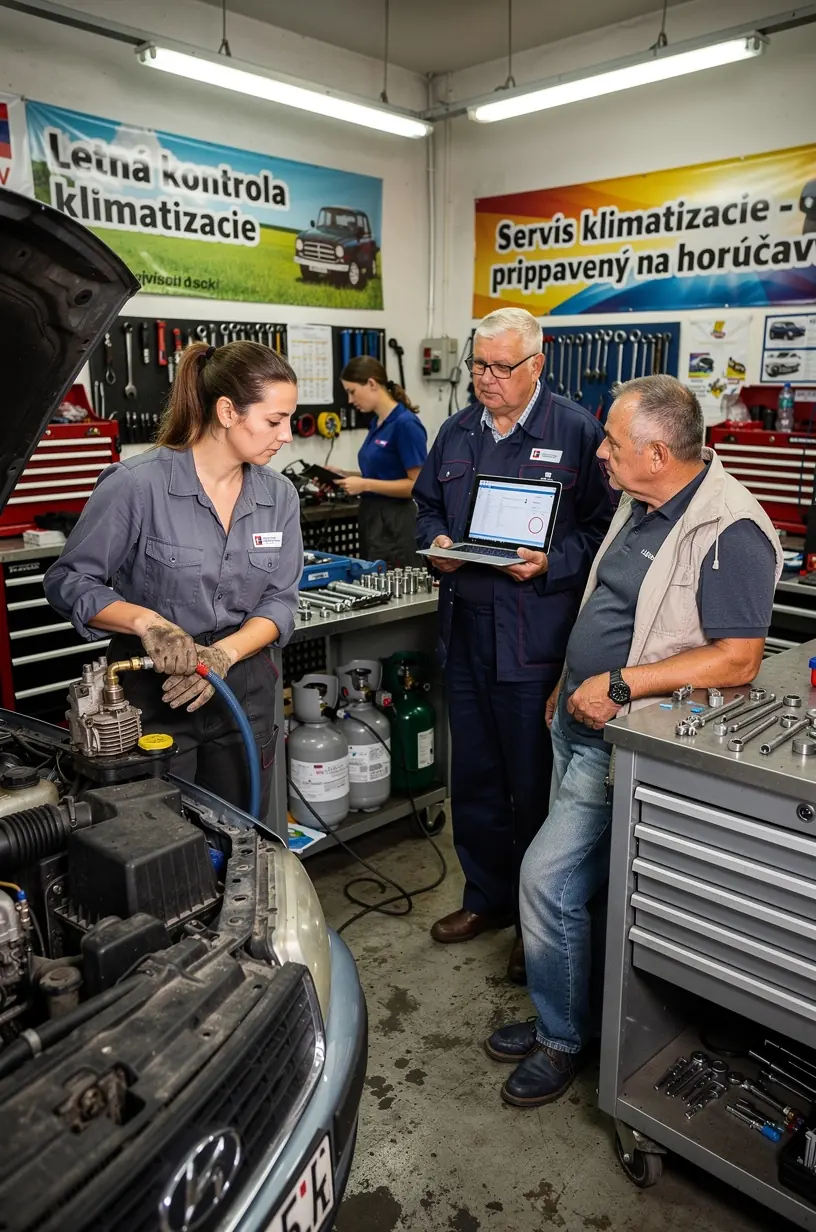 Autoservis s diagnostickým zariadením na kontrolu klimatizácie pred letnou sezónou.