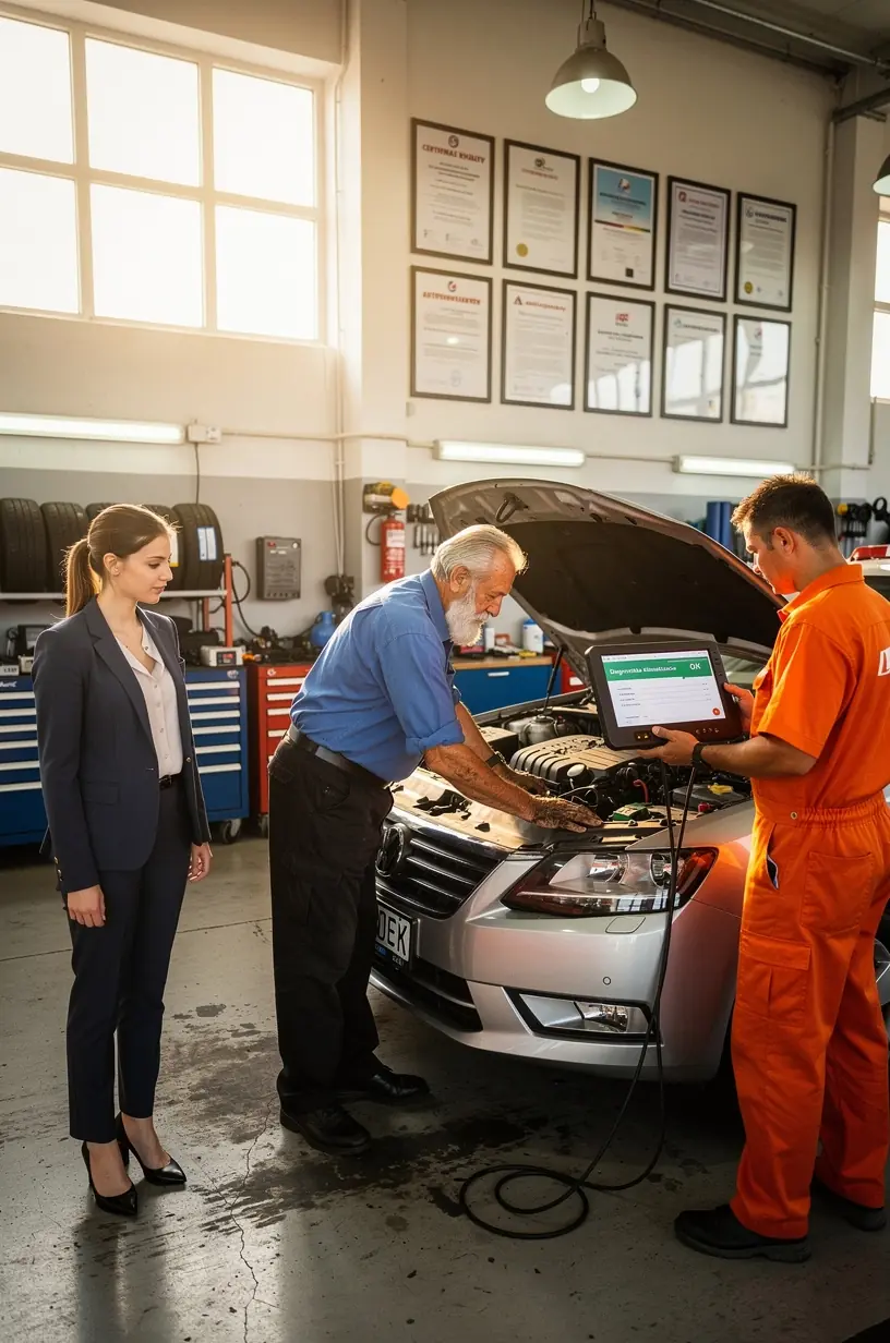 Detailný pohľad na prístroj na meranie tesnosti klimatizácie v autoservise.