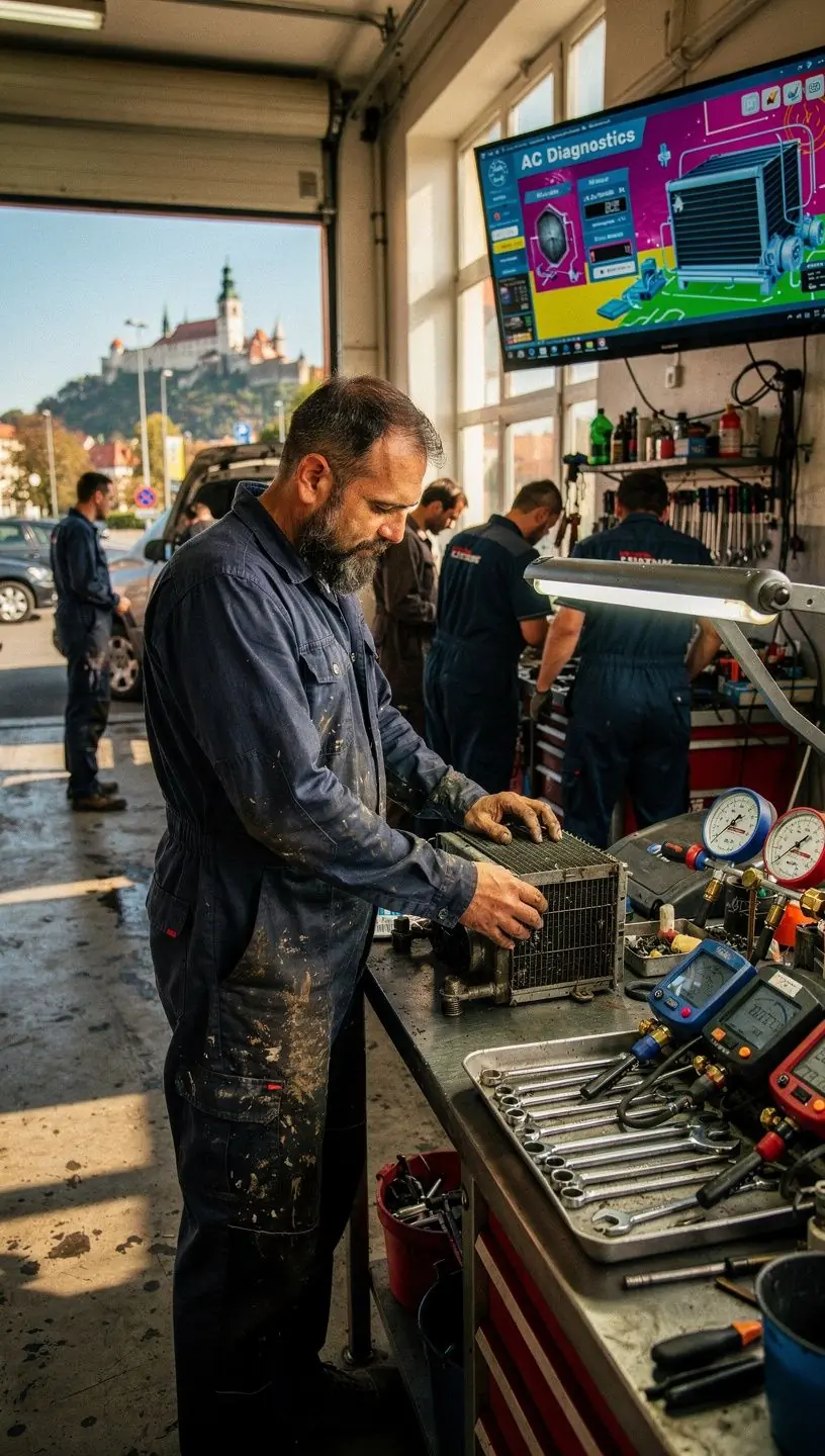 Technik vykonáva test výkonu klimatizácie v modernom autoservise na Slovensku.